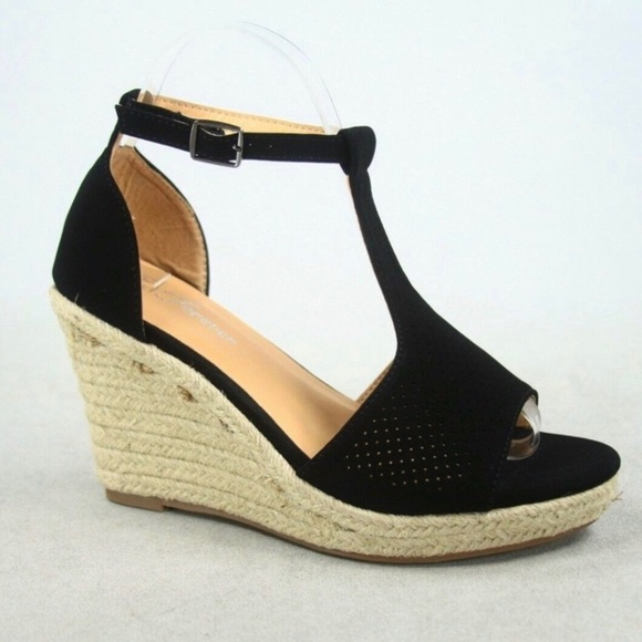 Shoes - Perforated T-Strap Espadrille Black Wedge Multi Sizes NIB